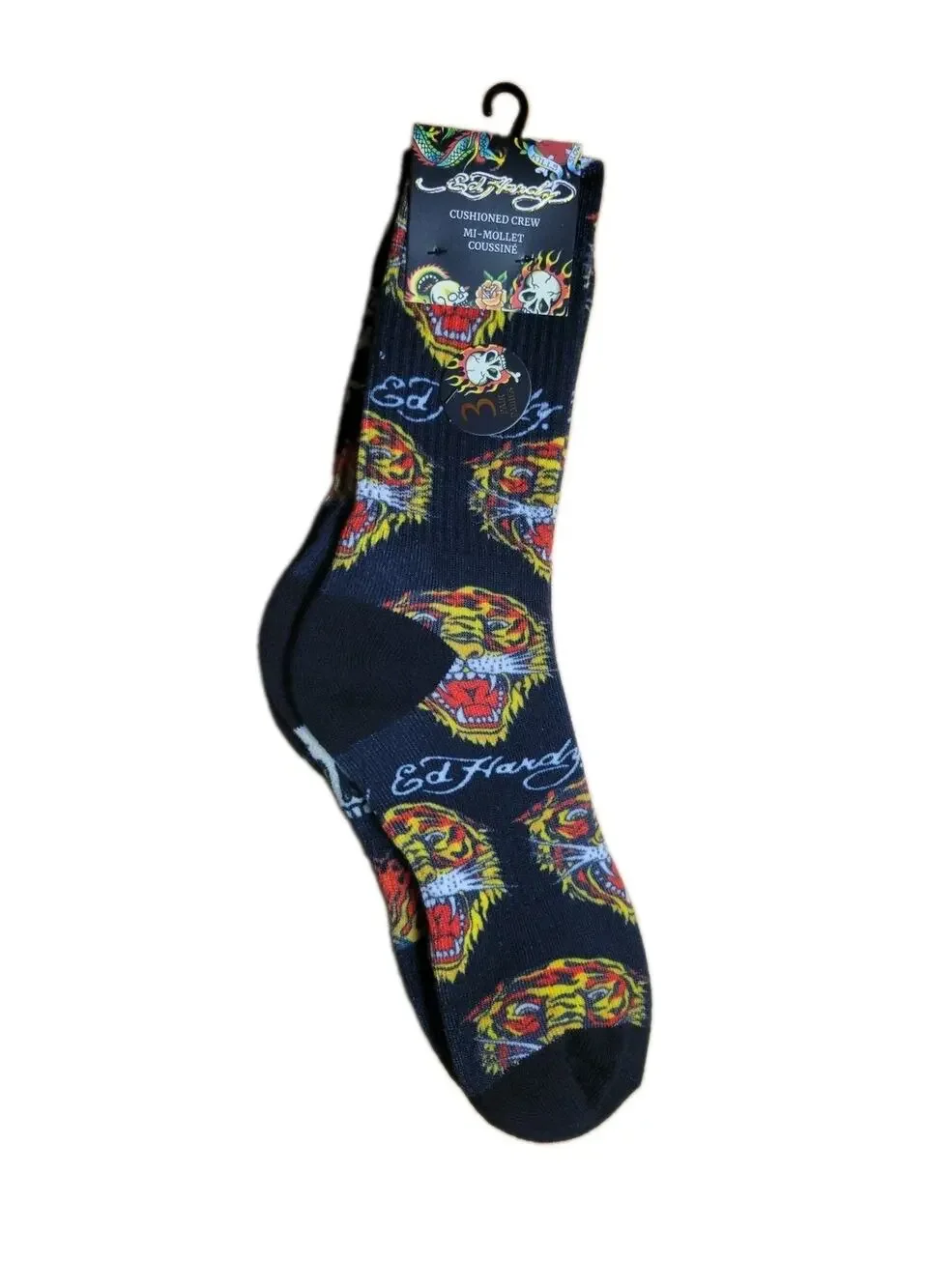 Ed Hardy 3pack Men's Cushioned Crew Socks skulls Tigers flames size 6-12 NEW